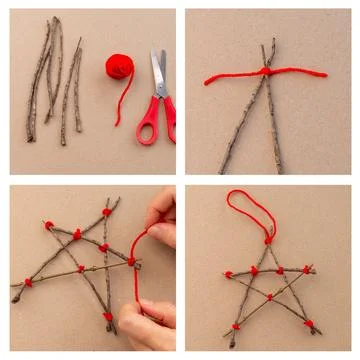 Step-by-step tutorial on making a star-shaped ornament from sticks and red .. Stock Photos