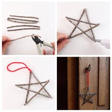 Step by step tutorial for making a star ornament with wooden sticks and hot.. Stock Photos