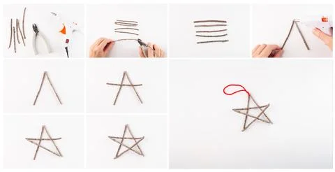 Step-by-step tutorial for making a star ornament with wooden sticks and hot.. 写真素材