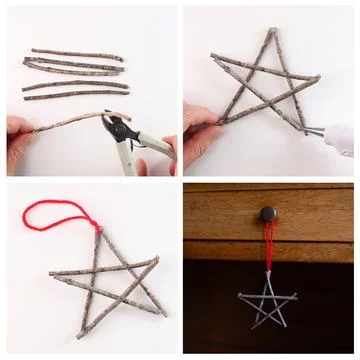Step by step tutorial for making a star ornament with wooden sticks and hot.. 스톡 사진
