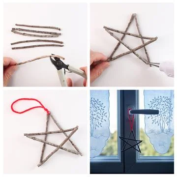 Step by step tutorial for making a star ornament with wooden sticks and hot.. Stock Photos