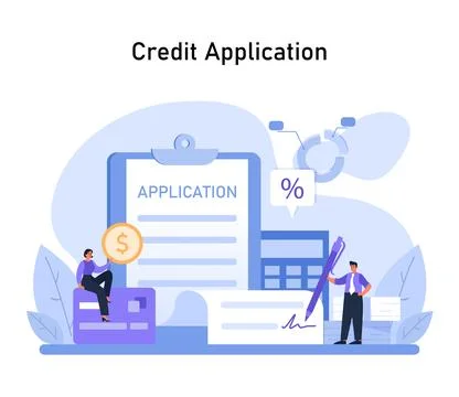 A step-by-step visual guide to applying for credit, featuring application forms Stock Illustration