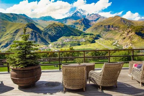 STEPANTSMINDA, GEORGIA - september 15, 2018: Beautiful view from terrace Room Stock Photos
