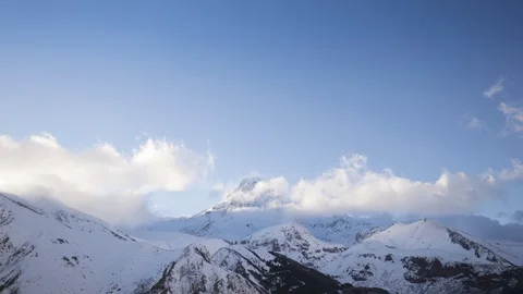 Stepantsminda, Gergeti, Georgia. Peak Of Mount Kazbek Covered With Snow. Kazbek Stock Footage 105127280