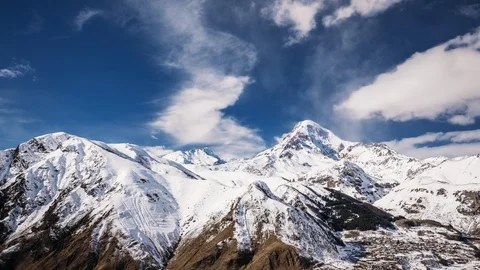 Stepantsminda, Gergeti, Georgia Under Mount Kazbek Covered With Snow. Beautiful Stock Footage 105127909