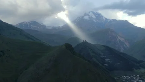Stepantsminda (Kazbegi). Gergeti Trinity Monastery. Aerial drone shot. Stock Footage 168227291