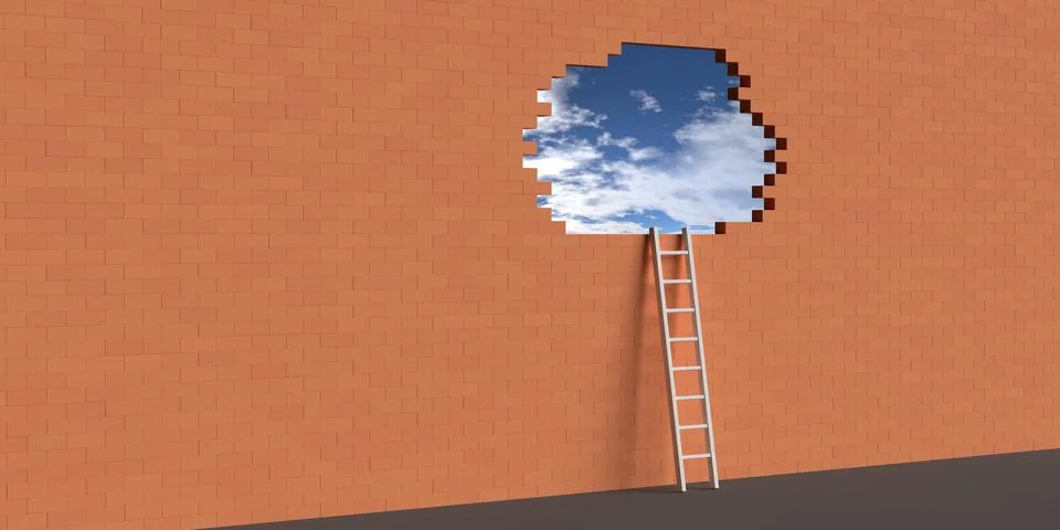 Stepladder leaning on brick wall leading to hole with blue cloud sky in the.. Stock Illustration