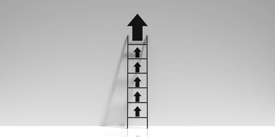 Stepladder leaning on white wall background with series of arrows pointing .. Stock Illustration