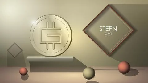 Stepn GMT coin in front view with balls on floor and frames on wall in 3d style Stock Illustration