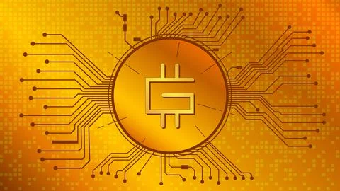 Stepn GMT cryptocurrency token symbol in circle with PCB tracks on gold Illustrazione stock