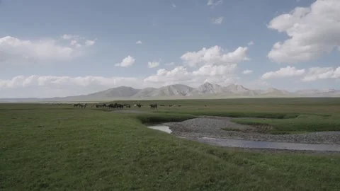 Steppe stream and mountains under cumulus clouds, Naryn Region, Kyrgyzstan Video stock 347243017