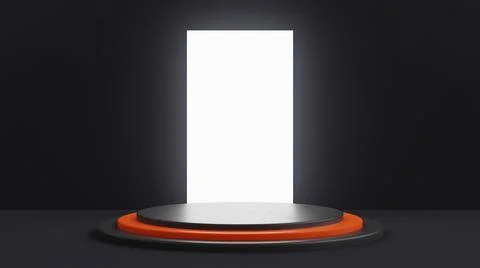 A stepped podium in black with an orange step in the middle. Large white ligh Ilustración de archivo