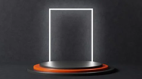 A stepped podium in black with an orange step in the middle. Large white ligh Ilustración de archivo