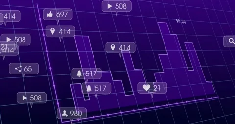Stepped purple plot reacting to floating badges appearing and clustering on Stock Footage 331062966