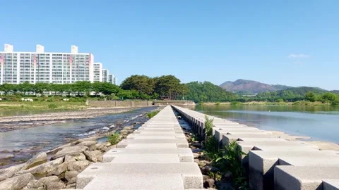 A stepping-stone bridge across a stream. Miryang City, Korea Stock Footage 308539233