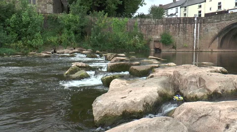 Stepping stones below Monnow medieval bridge and gate 2 Video stock 40686844