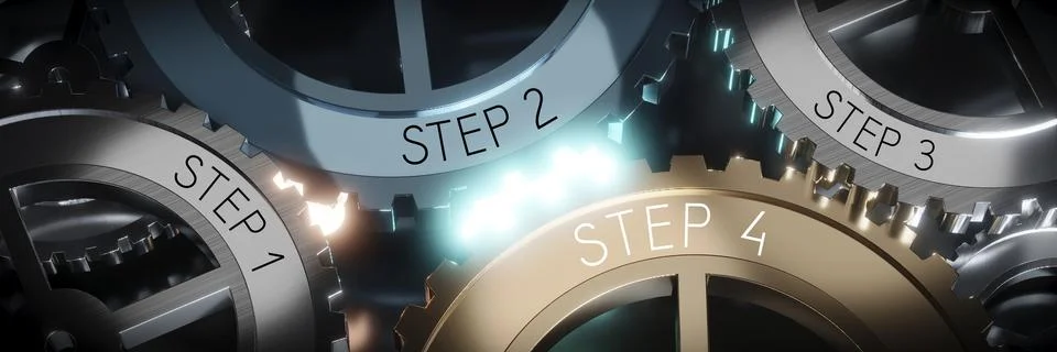 Steps 1, 2, 3, 4 - gears concept - 3D illustration Stock Illustration