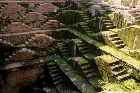 Steps with algae of mahilabagh step well, Jodhpur, Rajasthan, India Copyri... Stock Photos