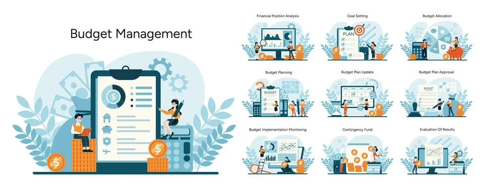 Steps from analysis to evaluation for efficient finance control Stock Illustration