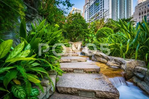 Steps and small cascading waterfall at Cheung Kong Park, Hong Kong, Hong Kong Stock Photos