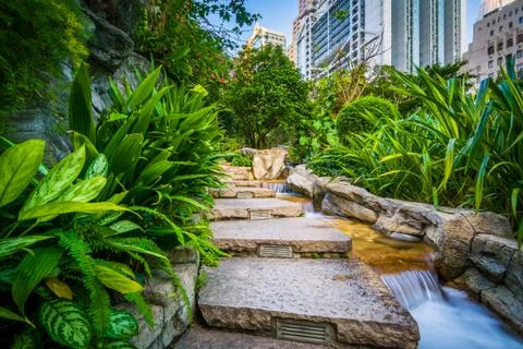 Steps and small cascading waterfall at Cheung Kong Park, Hong Kong, Hong Kong Stock Photos