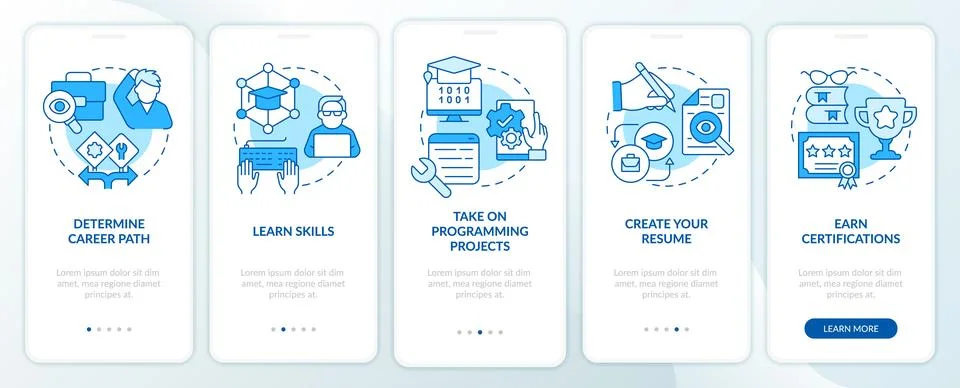 Steps to become software engineer blue onboarding mobile app screen Illustrazione stock