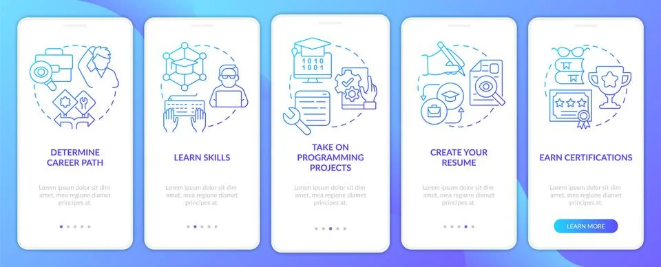Steps to become software engineer blue gradient onboarding mobile app screen Stock Illustration