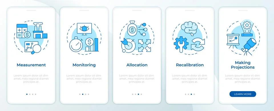 Steps in capacity management processes blue onboarding mobile app screen Stock Illustration