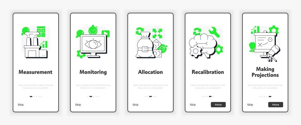 Steps in capacity management processes mobile onboarding screen Stock Illustration