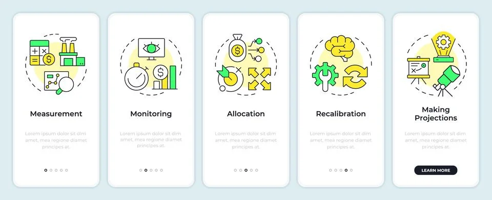 Steps in capacity management processes onboarding mobile app screen Stock Illustration
