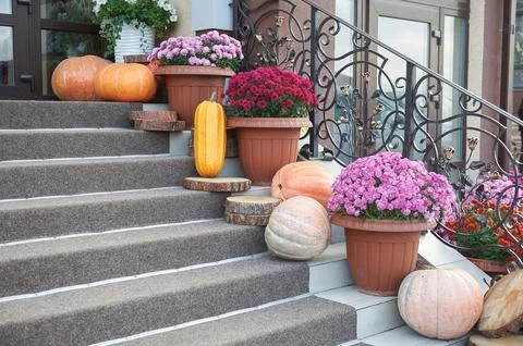 Steps decorated with pumpkins for autumn theme Stock Photos