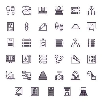 Steps Design Vector Icons featuring 35 Grid Fitted Regular Line Style Stock Illustration