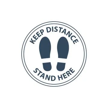 Steps on floor in circle, keep distance in line, stand here sign, queue order Illustrazione stock