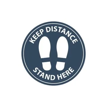 Steps on floor in circle, keep distance in line, stand here sign, queue order Illustrazione stock