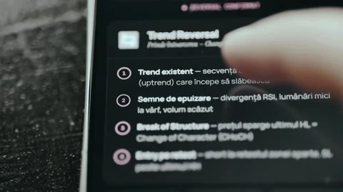 Steps for identifying a technical trading trend reversal displayed on screen Stock Footage 332078506