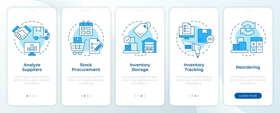 Steps of inventory management process blue onboarding mobile app screen Stock Illustration