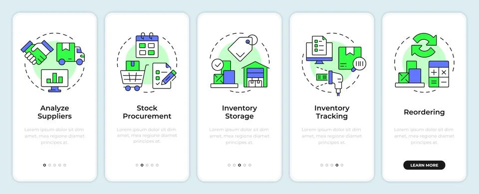 Steps of inventory management process onboarding mobile app screen Stock Illustration