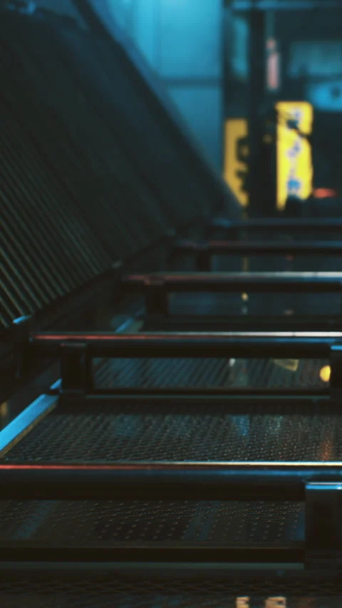 Steps lead down to a platform in an indoor space at night near the city Video stock 336579049
