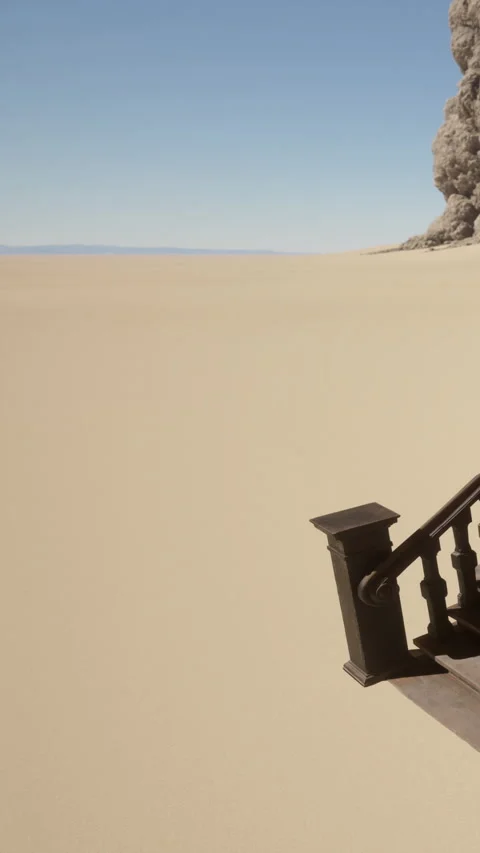 Steps lead to empty sand beach near large rock formation in bright sunlight Stock Footage 340260509