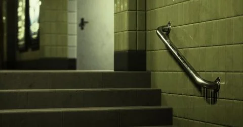 Steps leading down with grab rail in a dimly lit public space Stock Illustration
