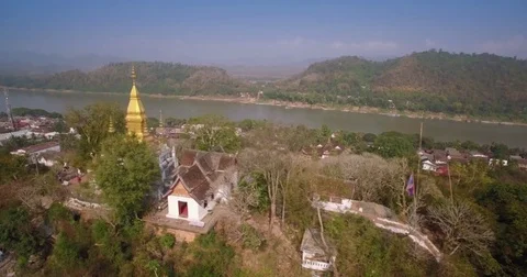 Steps Leading Up Mount Phousi To Wat Chomsi Landmark In Luang Prabang, Laos, Stock Footage 79374764