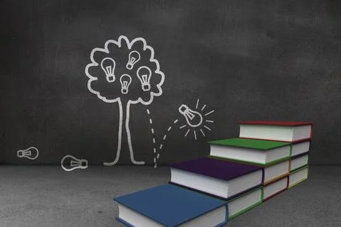 Steps made of books in front of idea tree drawing Stock Illustration