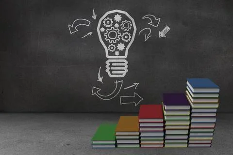 Steps made of books in front of light bulb drawing Stock Illustration