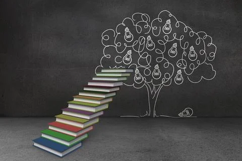 Steps made of books in front of light bulb tree doodle Stock Illustration