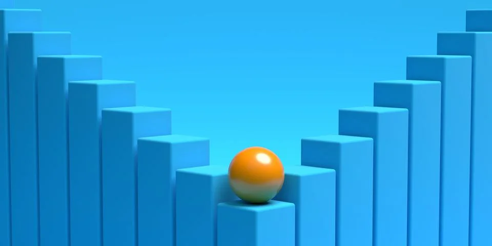 Steps or stairs of blue boxes with orange sphere or ball in center on cyan .. Stock Illustration