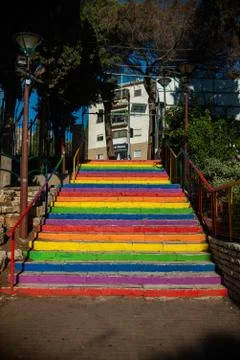 Steps painted in different rainbow colors. Rainbow stairs. Stock Photos