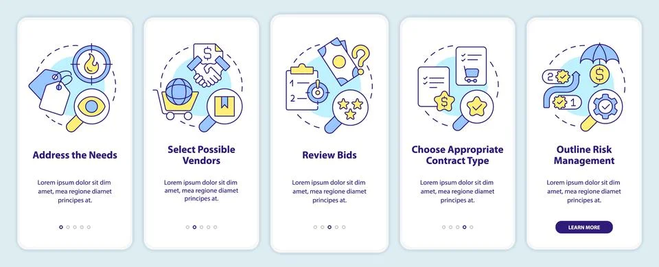 Steps of procurement process onboarding mobile app screen Stock Illustration