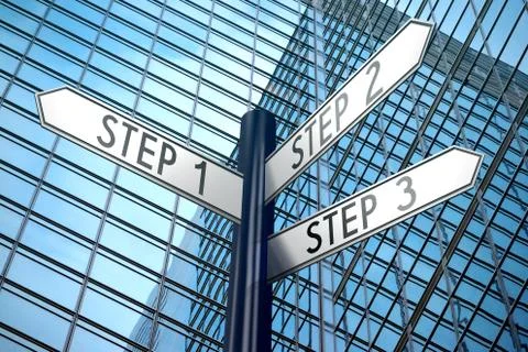 Steps/ progress concept - crossroads sign, office building Stock Illustration