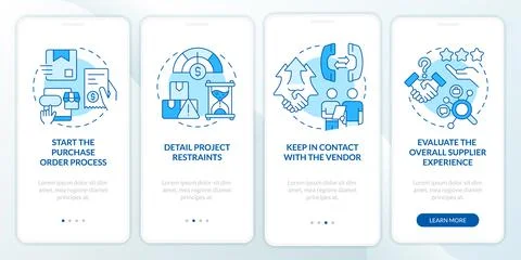 Steps in purchasing process blue onboarding mobile app screen Stock Illustration