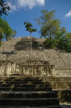 Steps of the pyramid stairs. Structure of 1  in the complex rises over the .. Stock Photos
